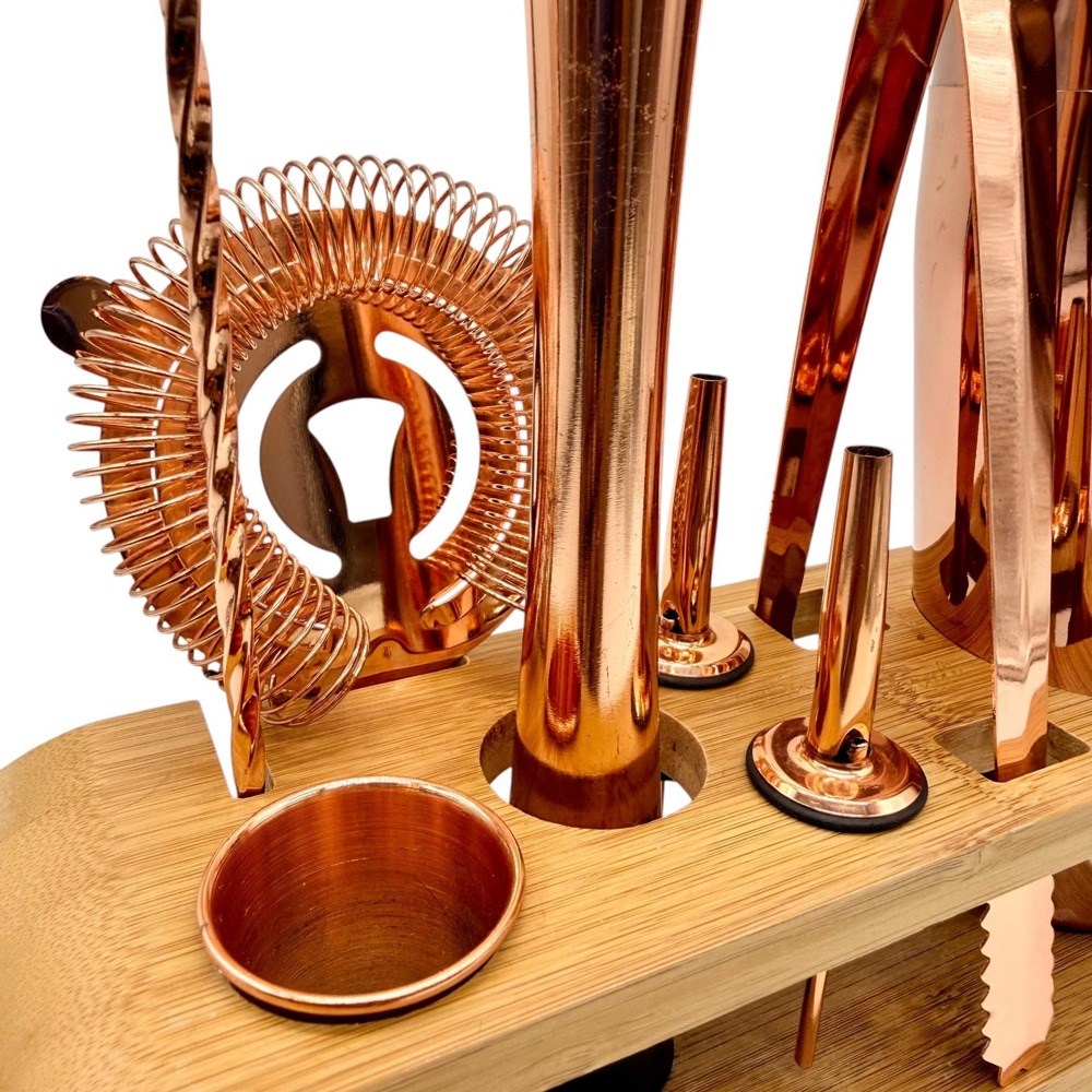 Mixology & Craft Bar‎ Set 10-Piece Rose Gold Cocktail Shaker Kit Bamboo Stand - Picture 2 of 10
